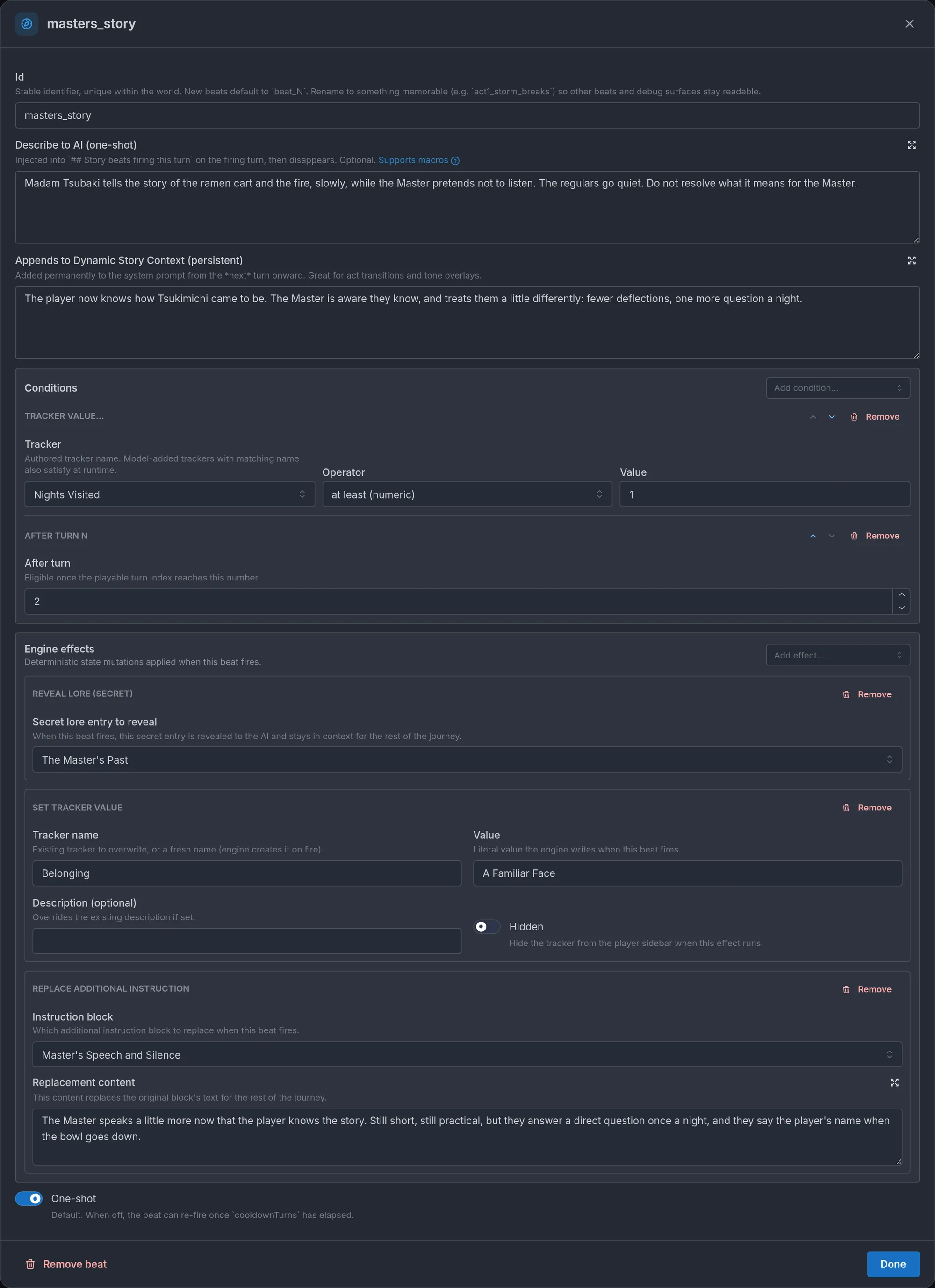 The beat editor: Id, Describe to AI, Appends to Dynamic Story Context, a Conditions card, and an Engine effects card with Reveal lore, Set tracker value, and Replace additional instruction.