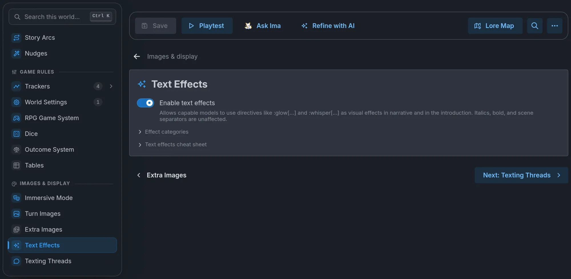 The Outline editor with the Text Effects section open on its own Enable text effects switch, and the Game rules and Images & display groups in the sidebar.