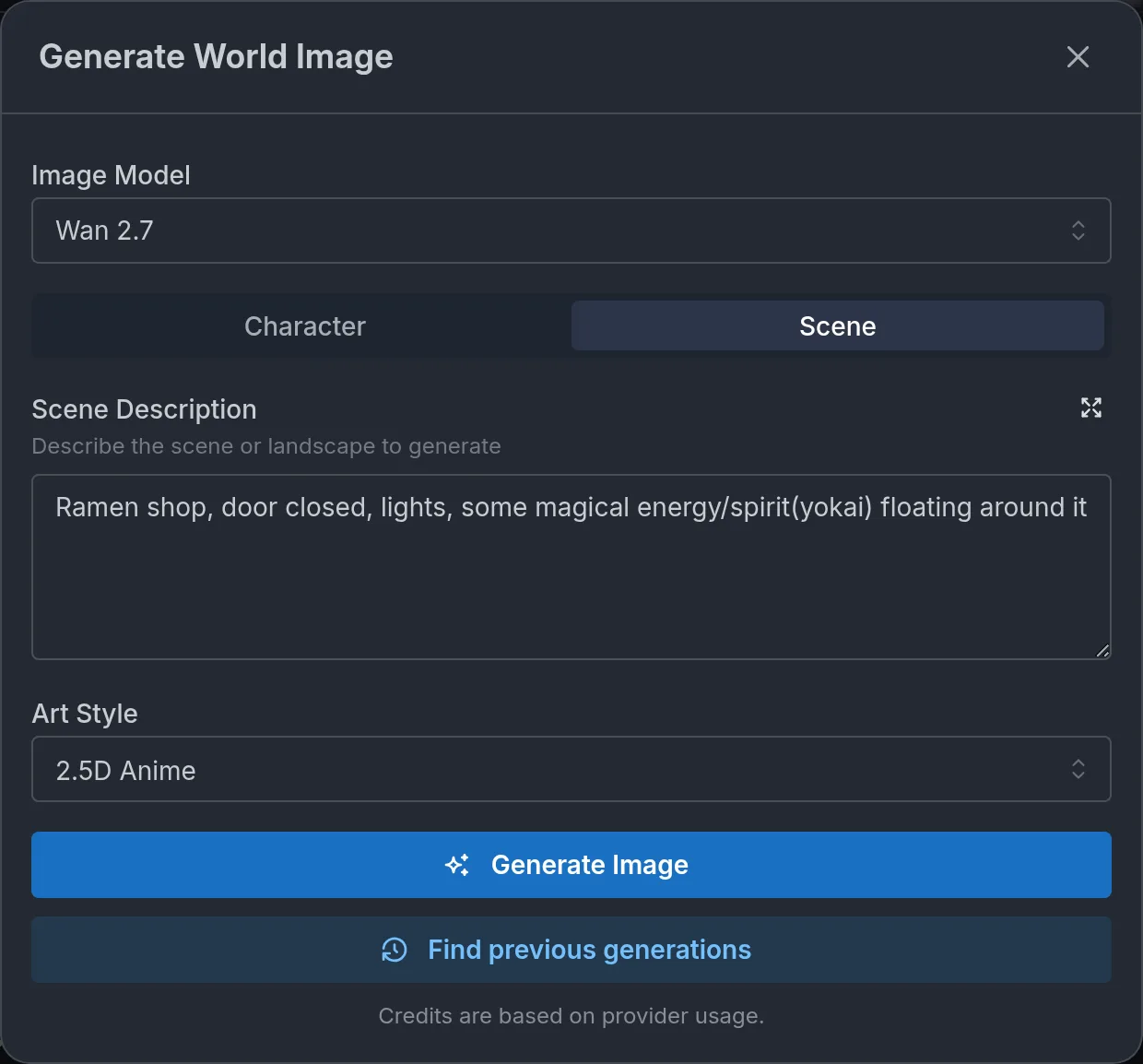 The Generate World Image dialog with Character and Scene modes, an image model, and an art style.