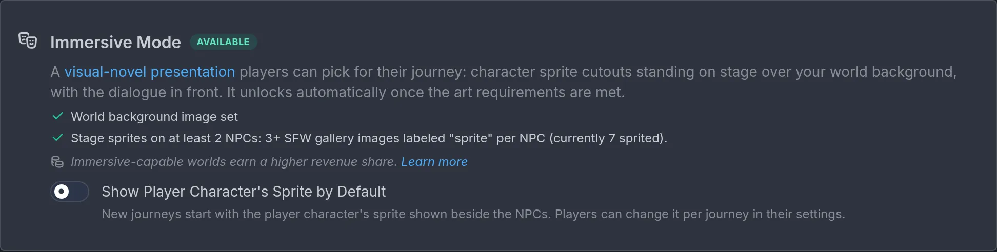 The Immersive Mode section reporting Available, with both requirements met.