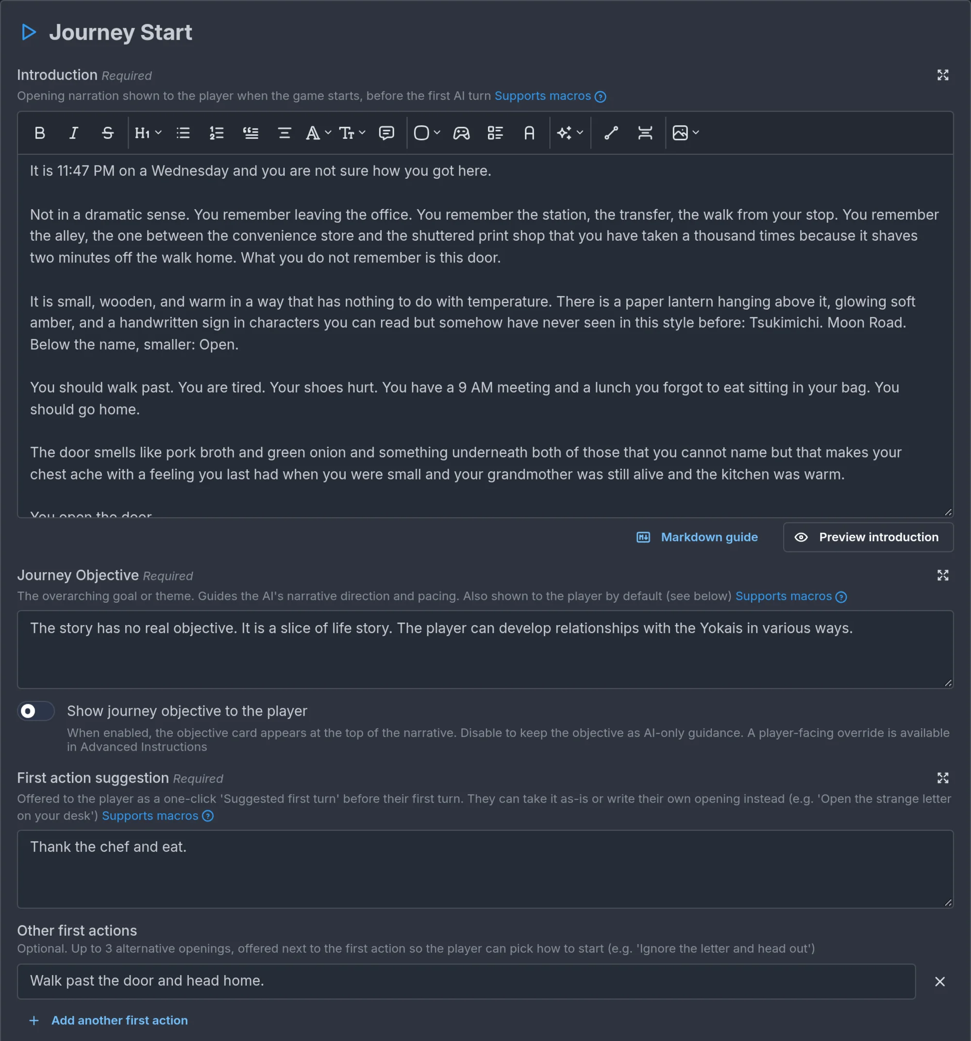 The Journey Start section with the Introduction, Journey Objective, First action suggestion, and Other first actions fields.