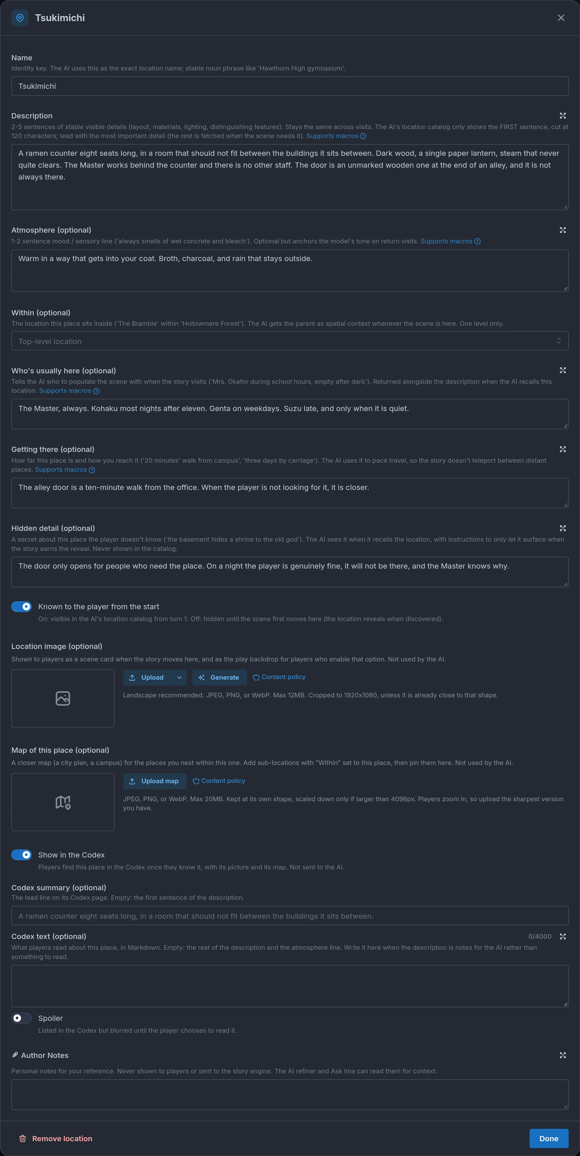 The location editor with Name, Description, Atmosphere, Within, and Who's usually here.