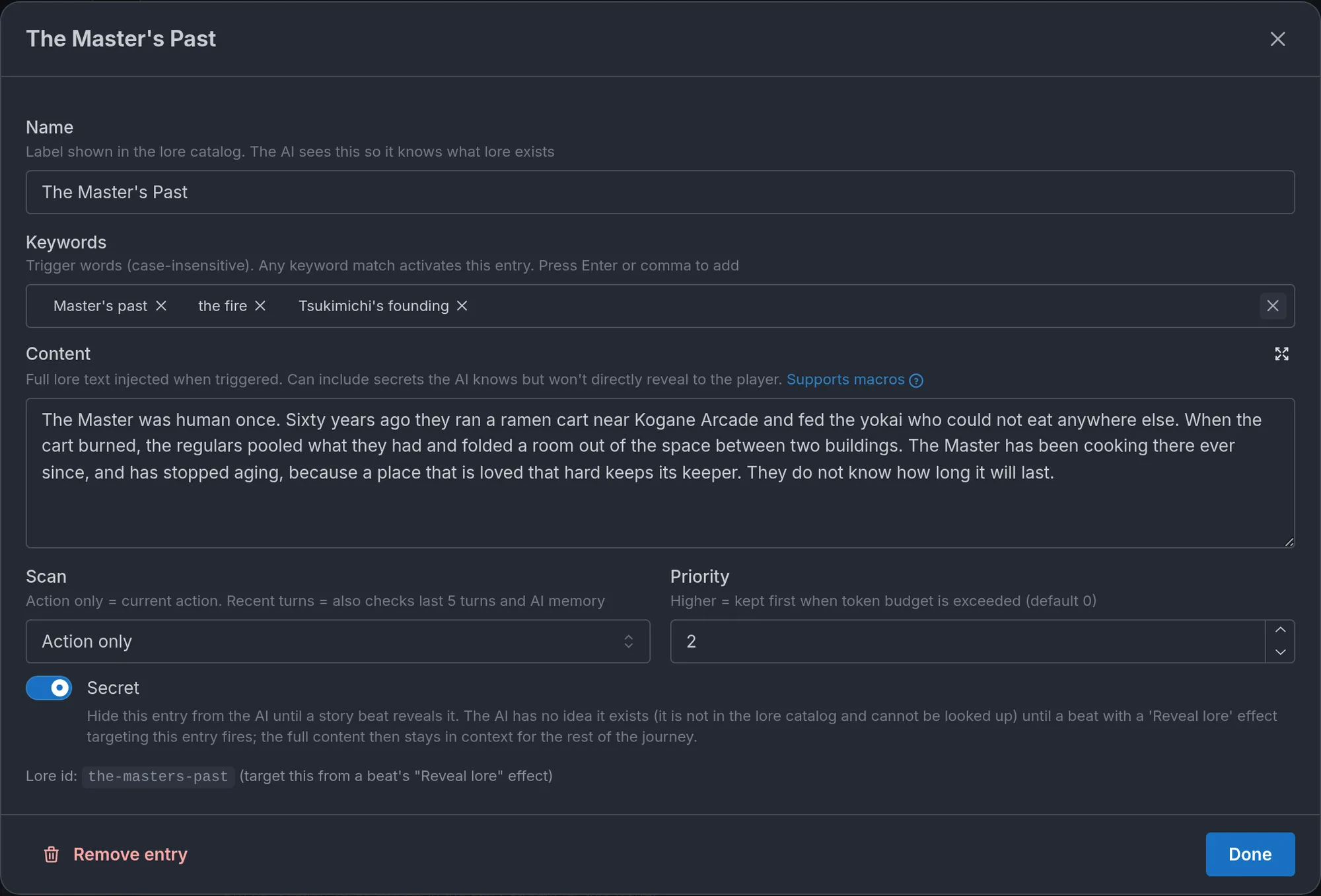 A lore entry marked Secret, with the stable id that the beat's Reveal lore effect targets.