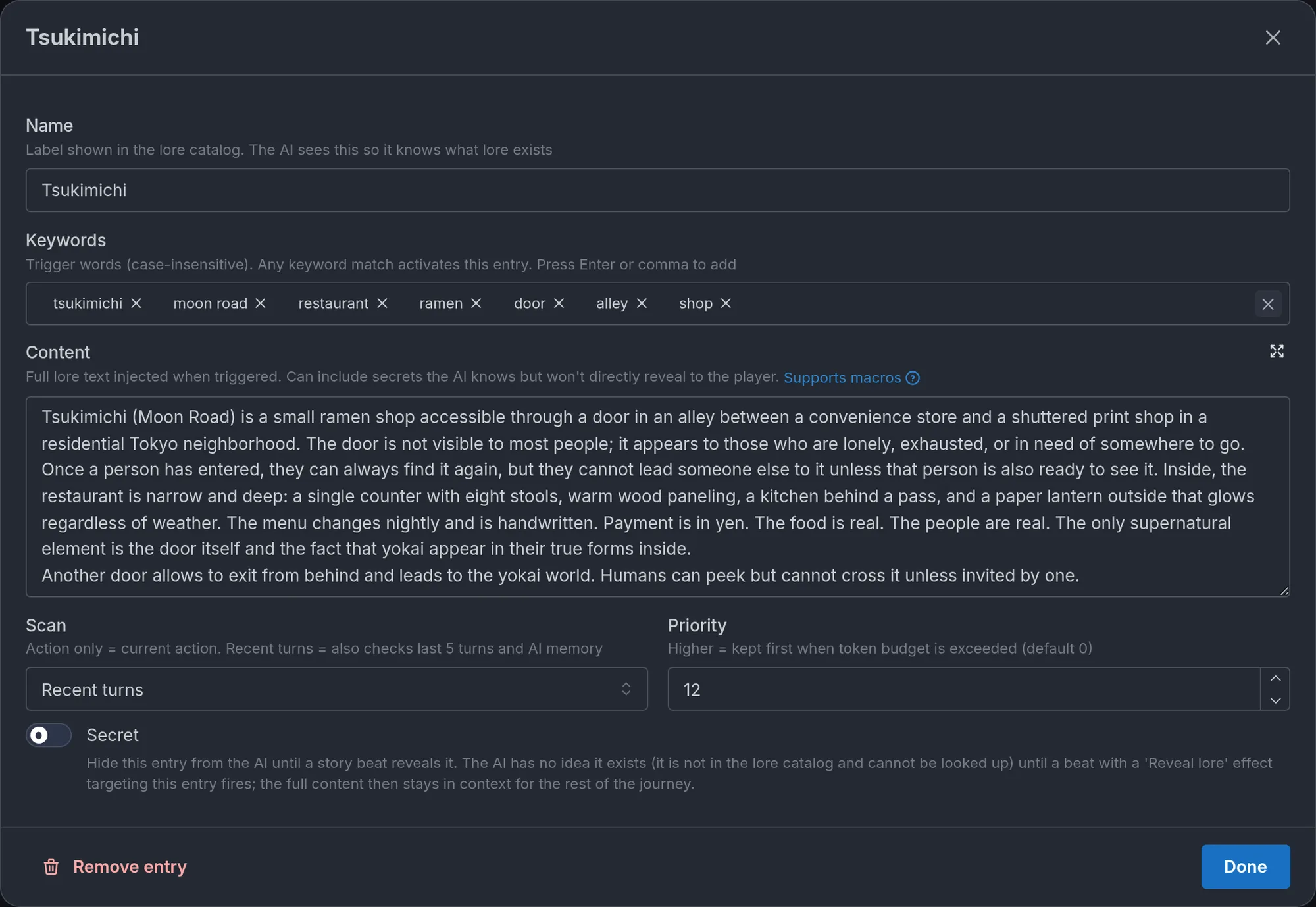 The lore entry editor with Name, Keywords, Content, and Priority.