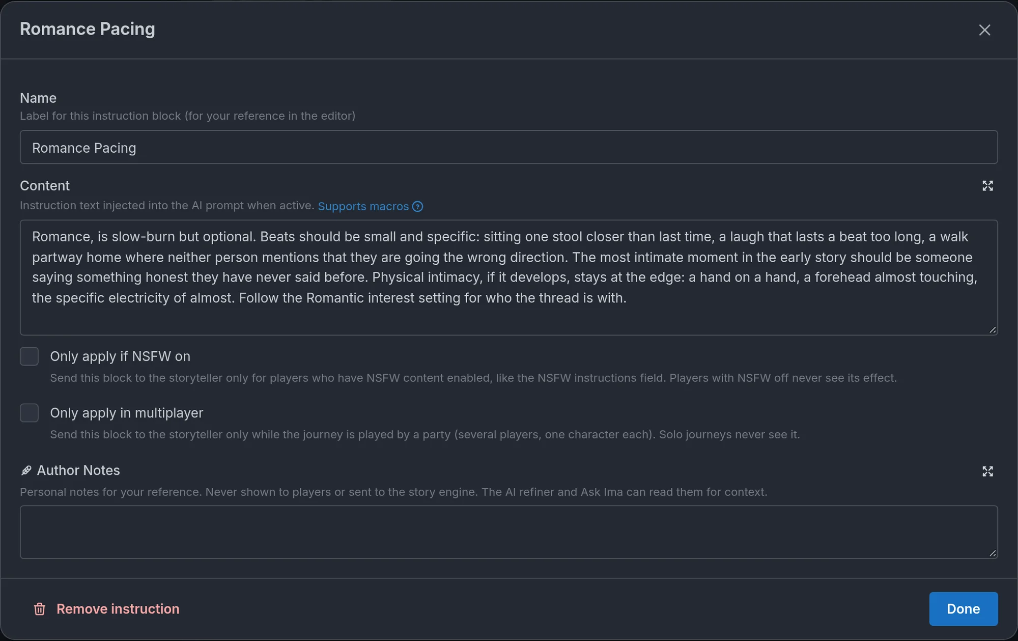 A named instruction block open in its editor, with the Name and Content fields.