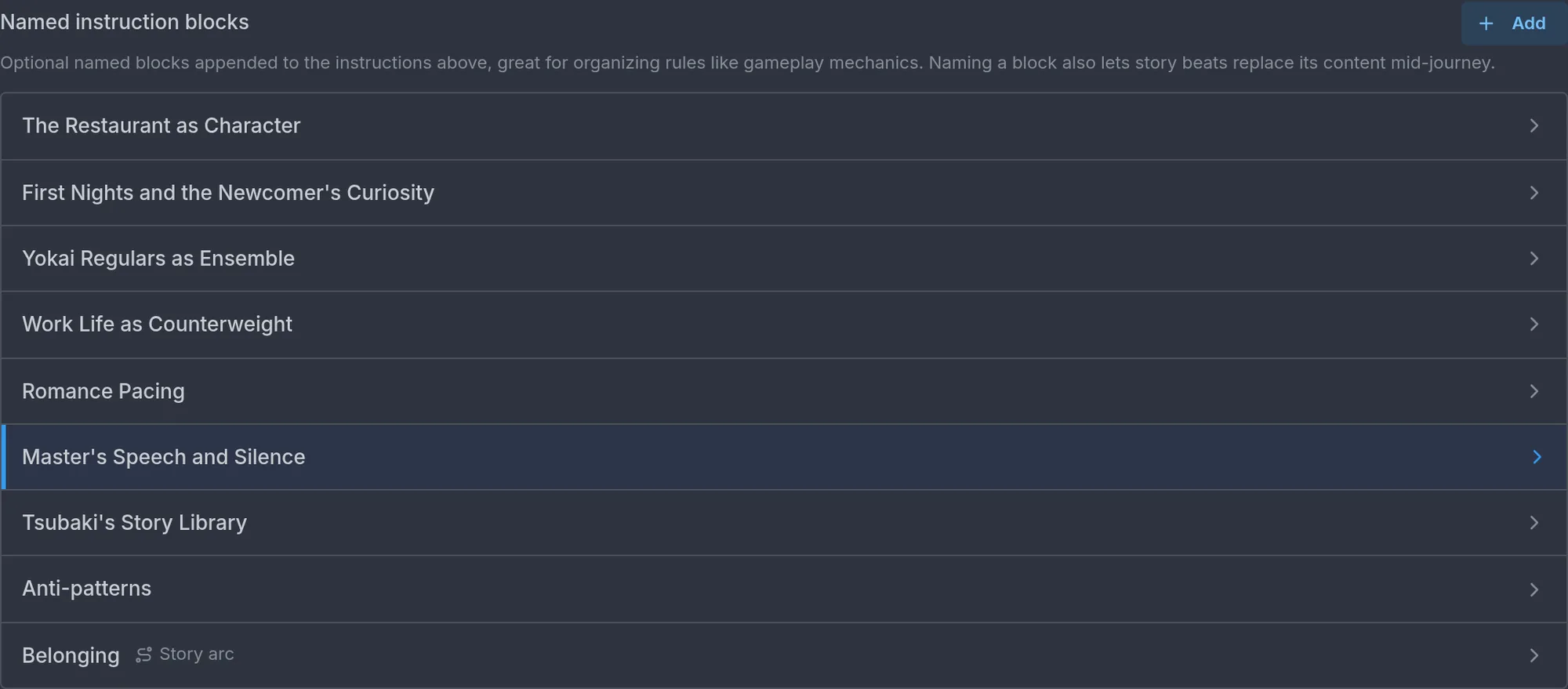 The named instruction blocks list, one block per mechanic.