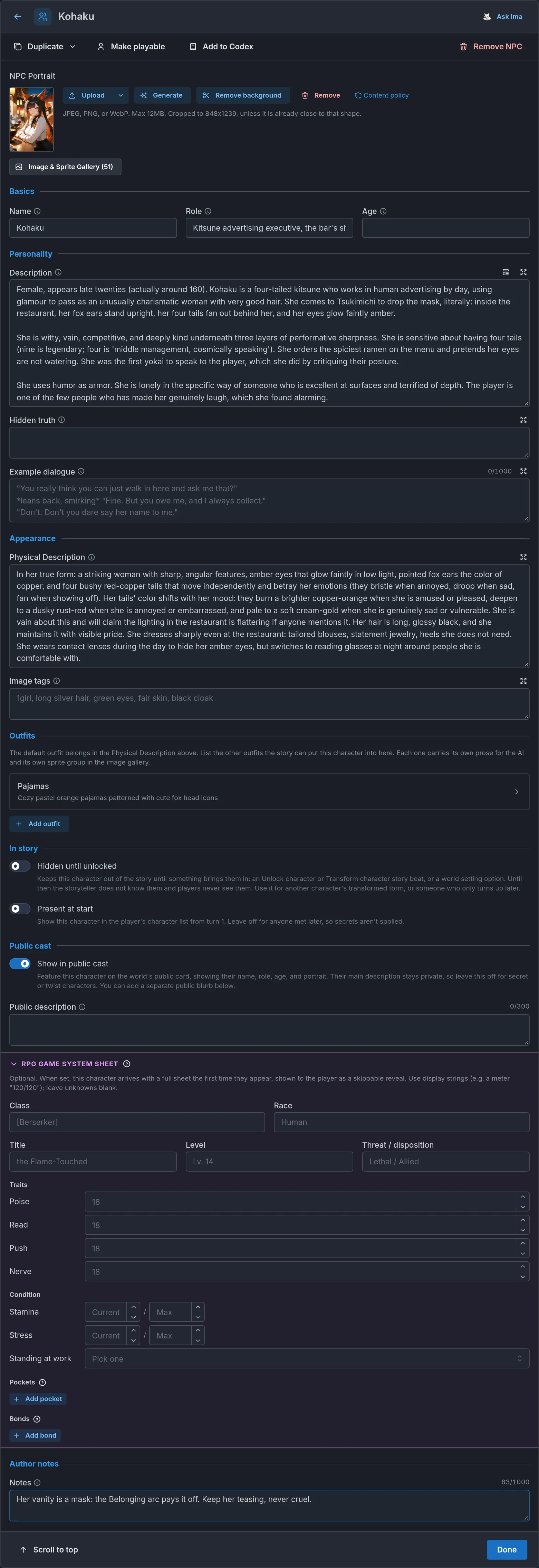 The NPC editor with its action bar, the portrait, gallery, Role, Description, Hidden truth, Outfits, the RPG game system sheet, and Author notes.