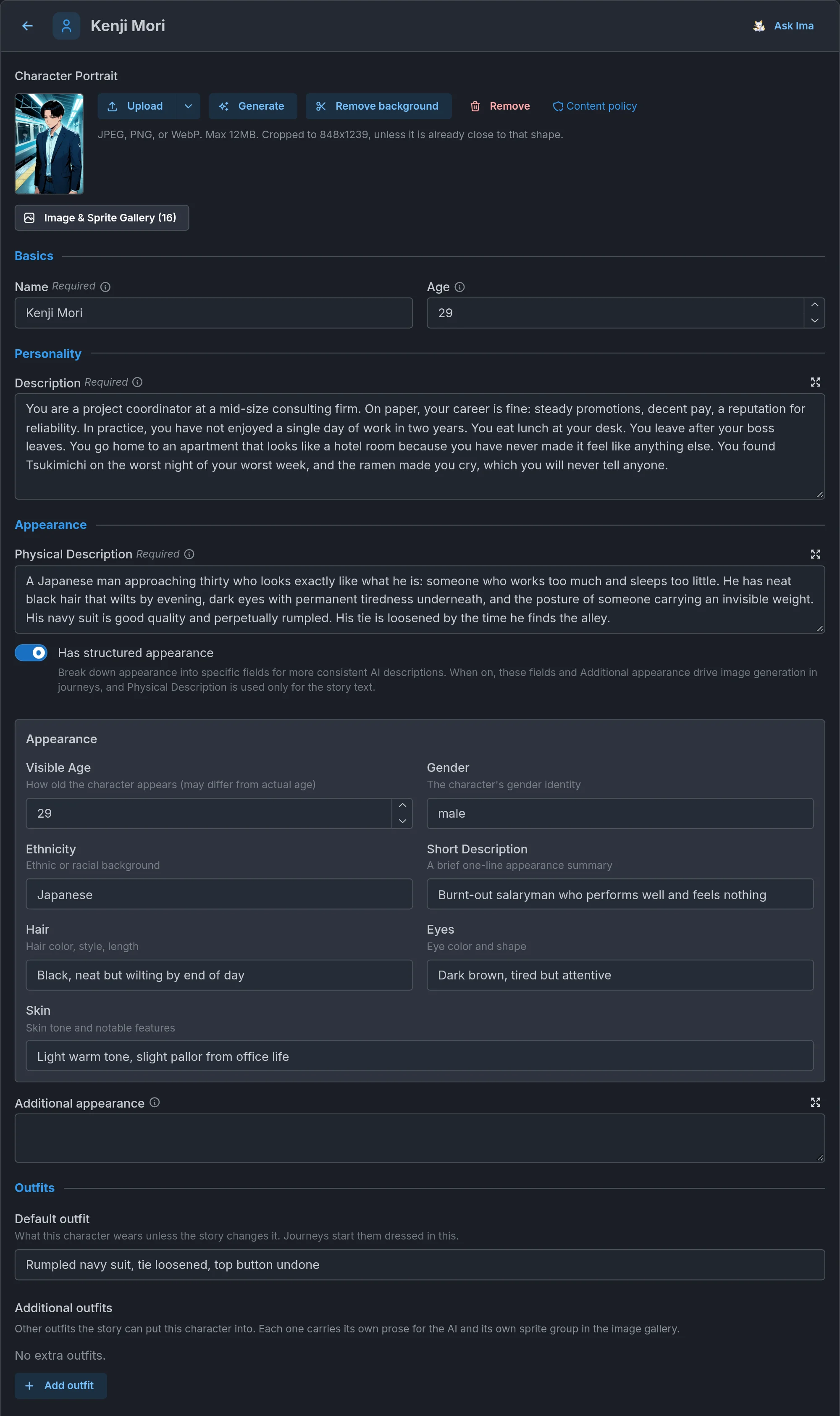 The player character editor with the Description, Physical Description, and Outfits fields.