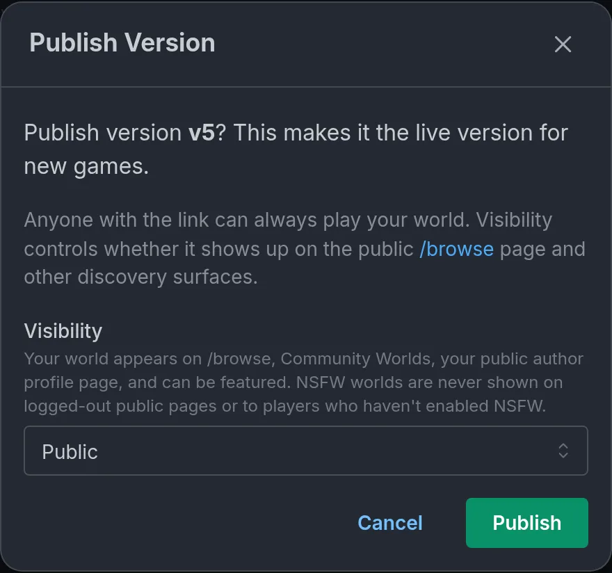 The Publish Version dialog with the Public or Unlisted visibility choice.