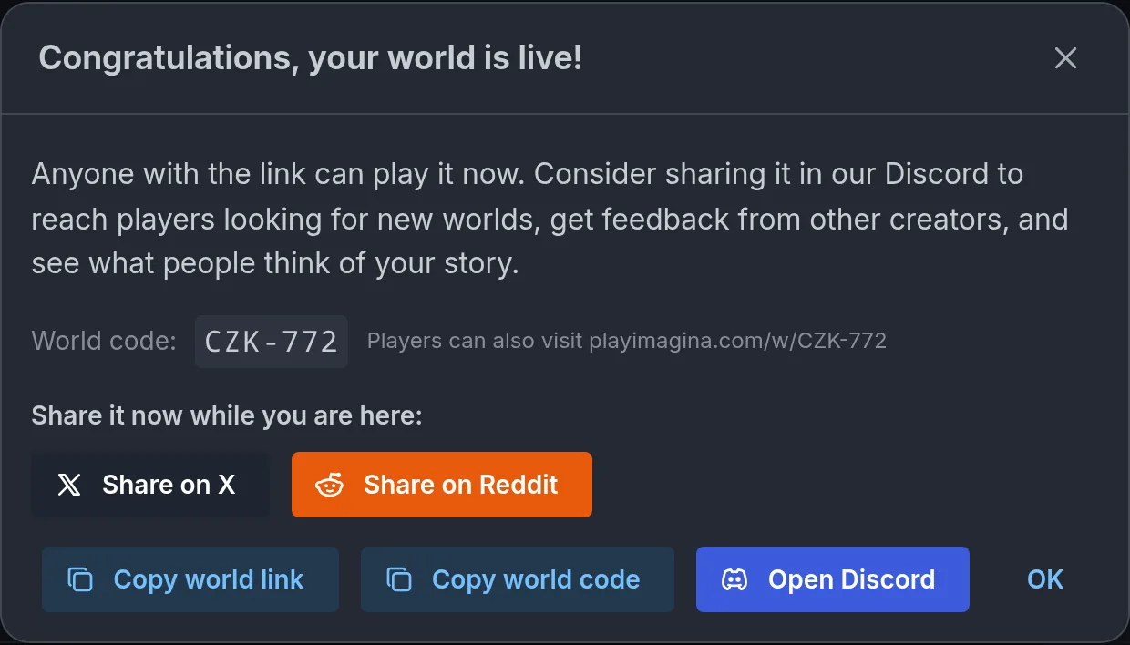 The success screen after publishing, showing the world code and the share link.