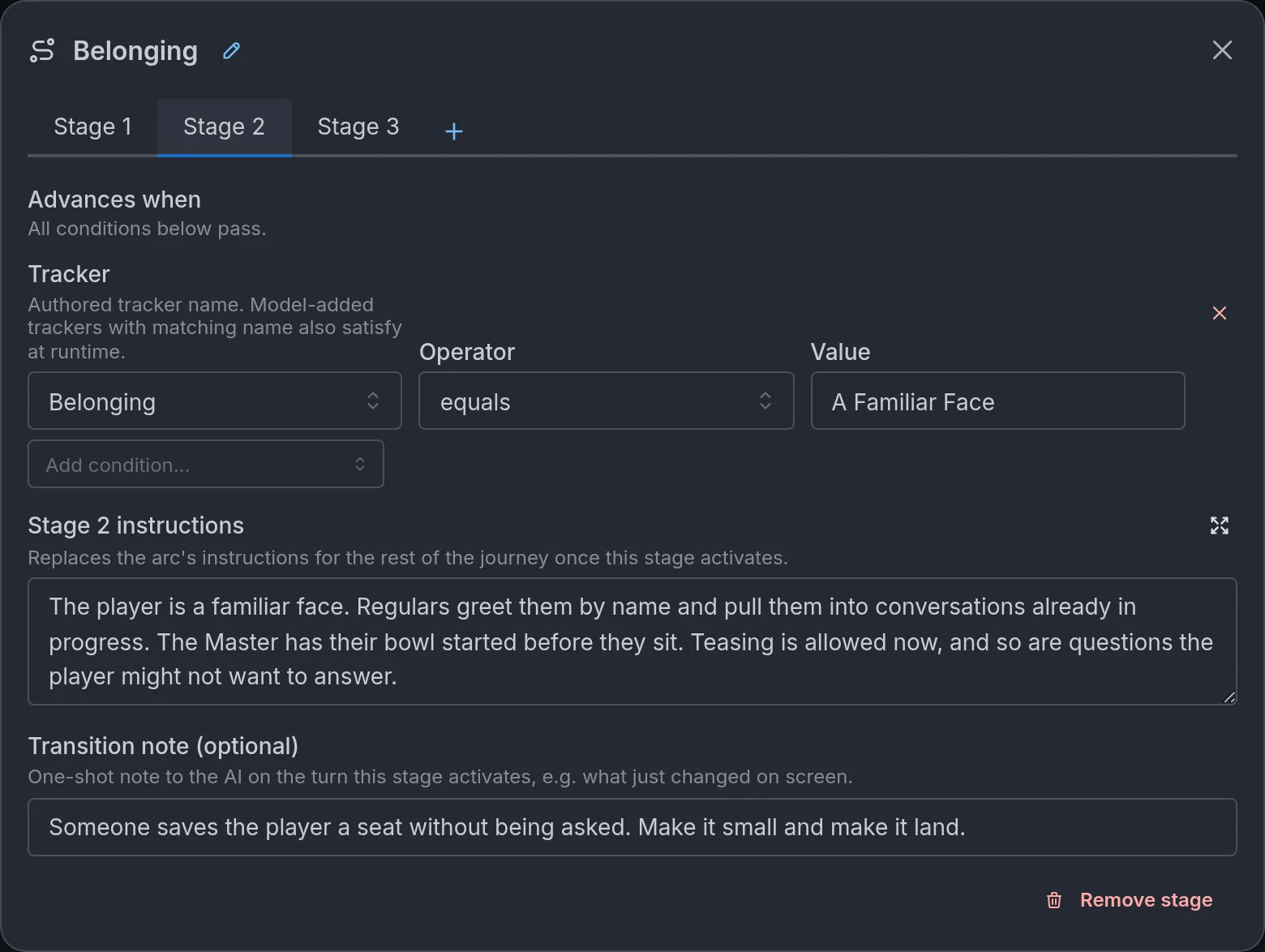A three-stage story arc open on Stage 2, with its Advances when condition, stage instructions, and transition note.