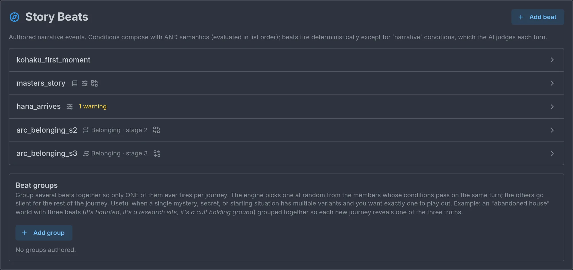 The Story Beats list with beat ids, arc tags, and one icon per effect.