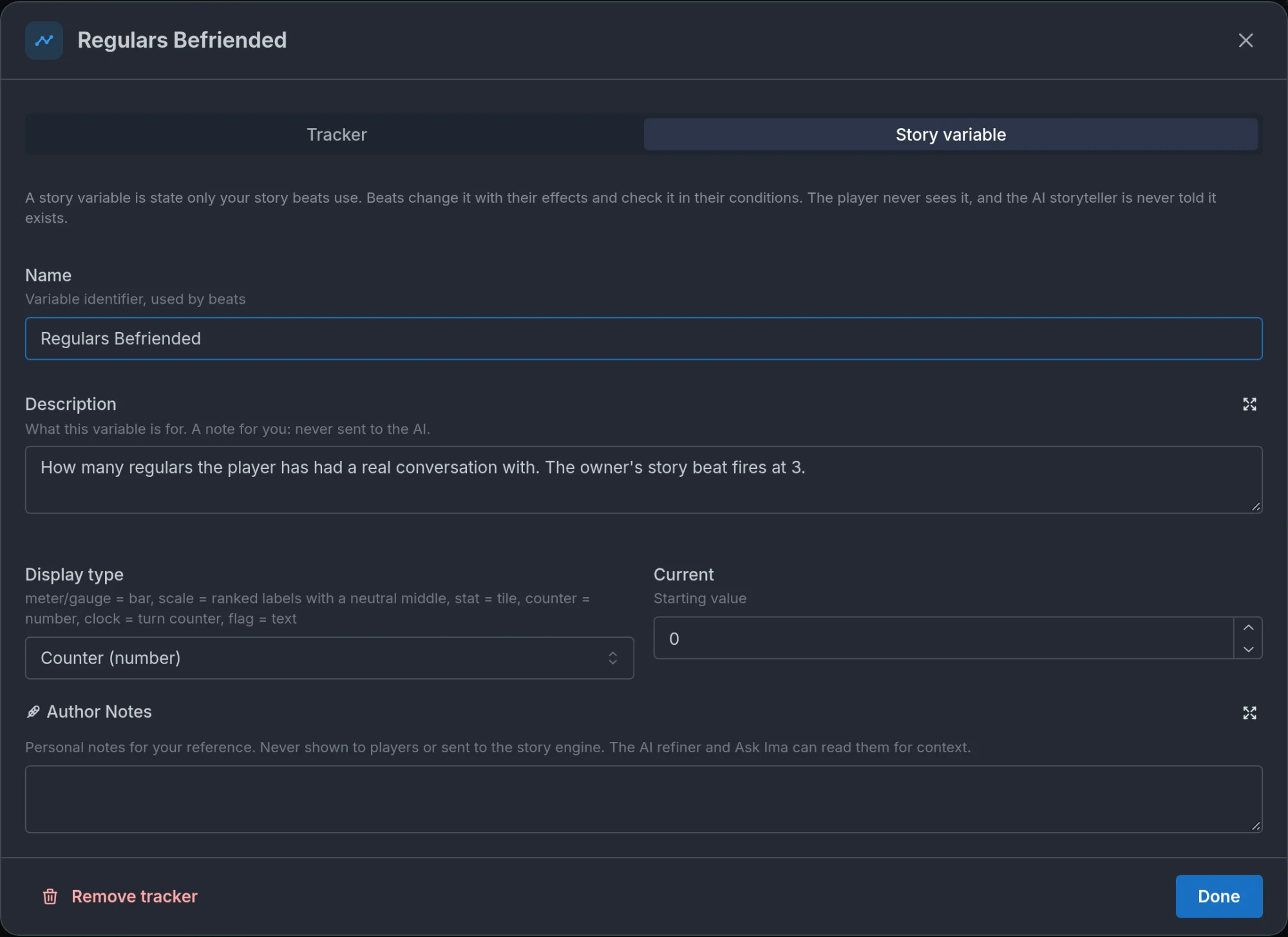 The tracker editor in Story variable mode for Regulars Befriended: the Tracker / Story variable control with Story variable selected, the Name, a Description, Display type Counter with Current 0, and Author Notes.