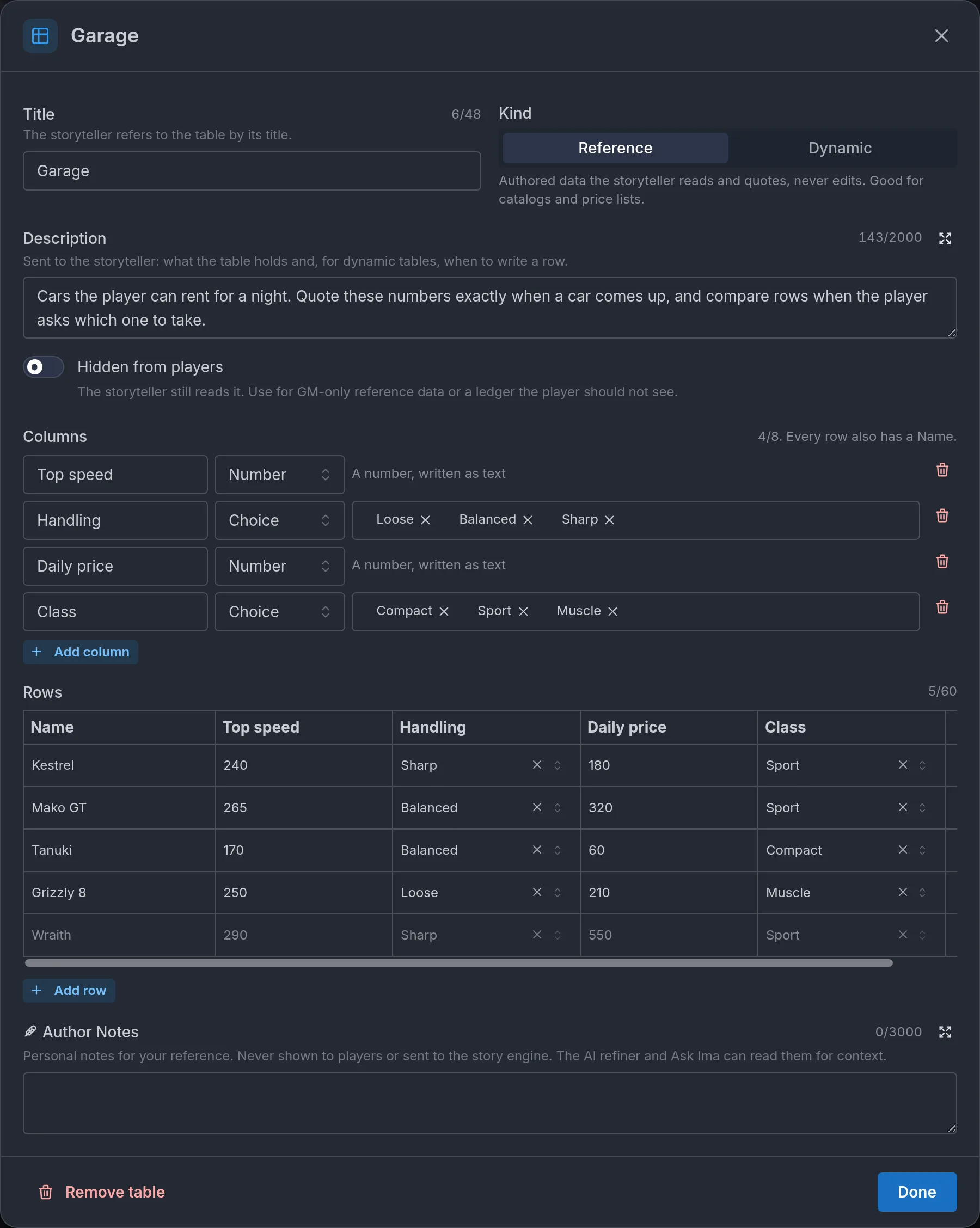 The table editor with Title, Kind, Description, columns, and the rows grid.