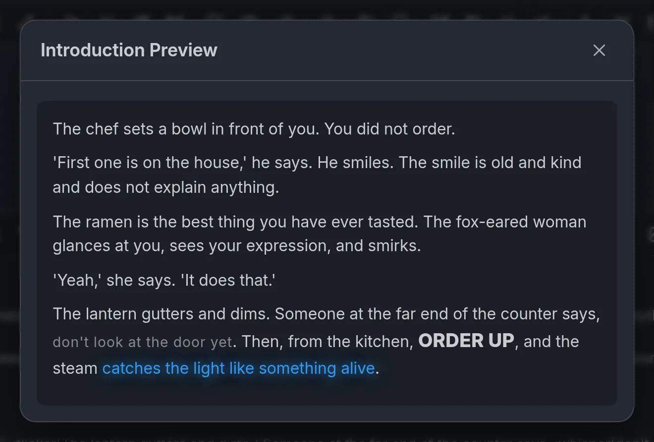An introduction preview with flicker, whisper, loud, and glow effects on short phrases.