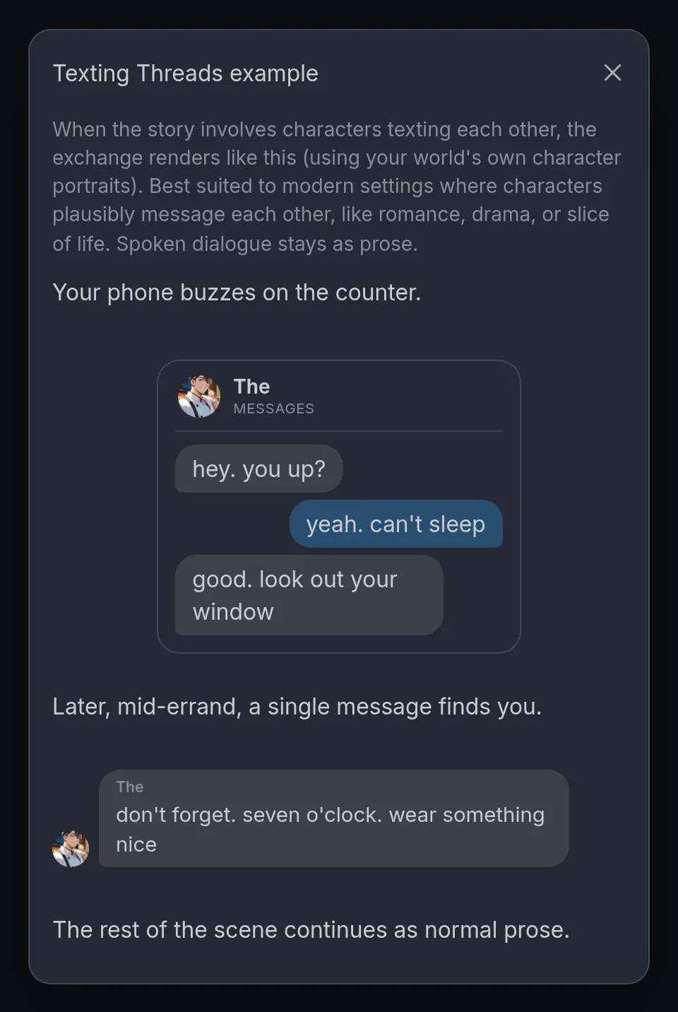 The Texting Threads example: a text exchange drawn as phone-style bubbles with the character's portrait.
