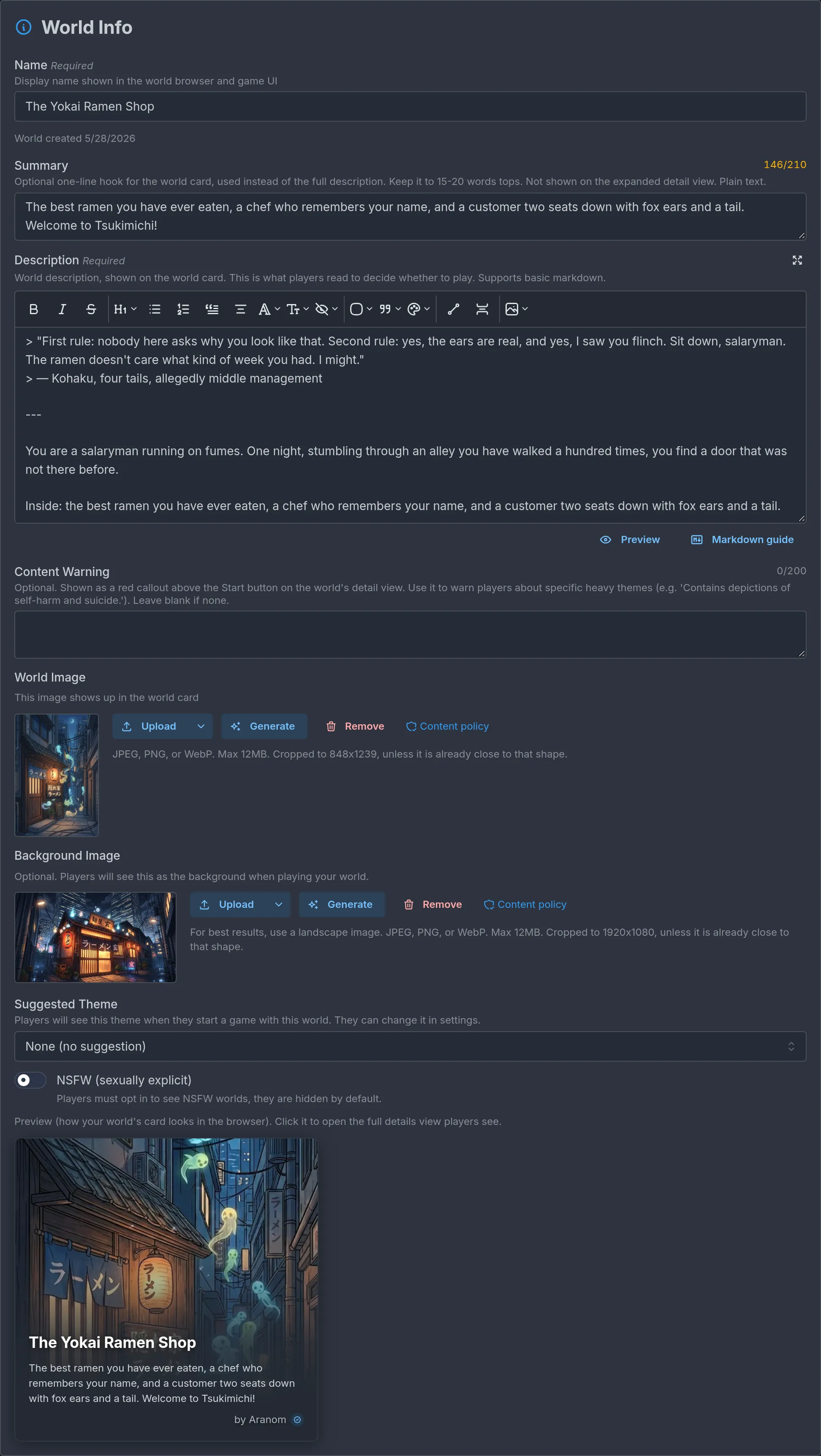 The World Info section with Name, Summary, Description, and the title card.