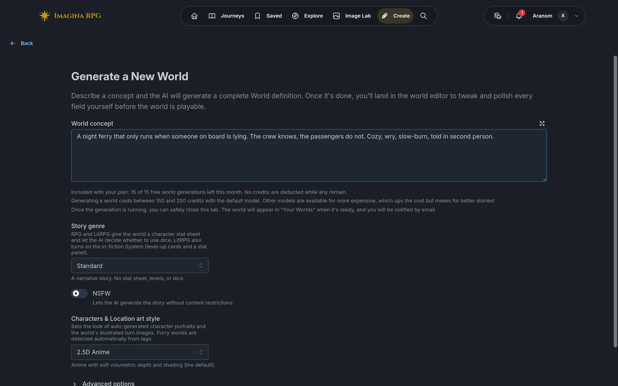 The Generate a New World panel with a world concept typed in, a story genre of Standard, and the art style picker.