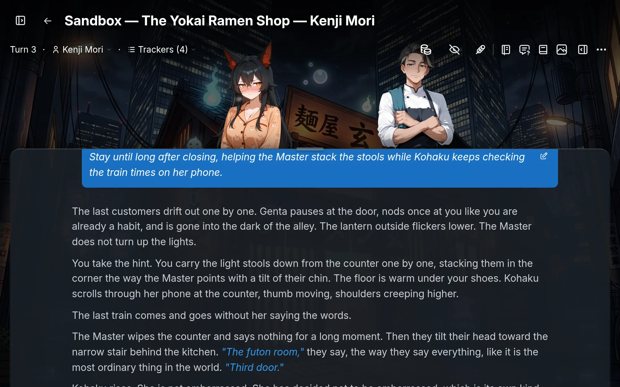 Later that night, after a beat dressed her in her Pajamas outfit: the stage now shows Kohaku's Pajamas sprites.