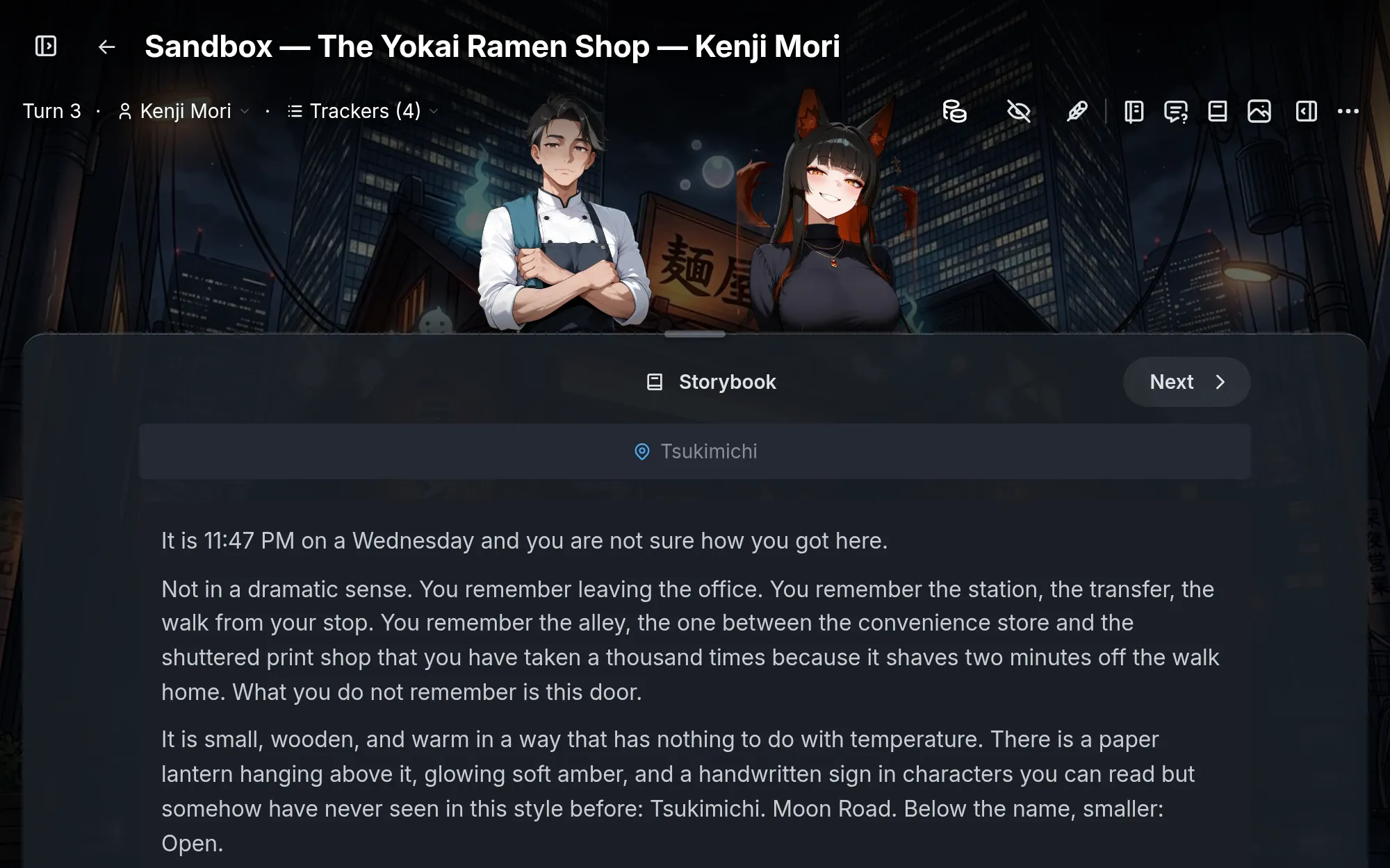 The immersive stage: the Master and Kohaku, in her base outfit, standing over the background while the story plays below.