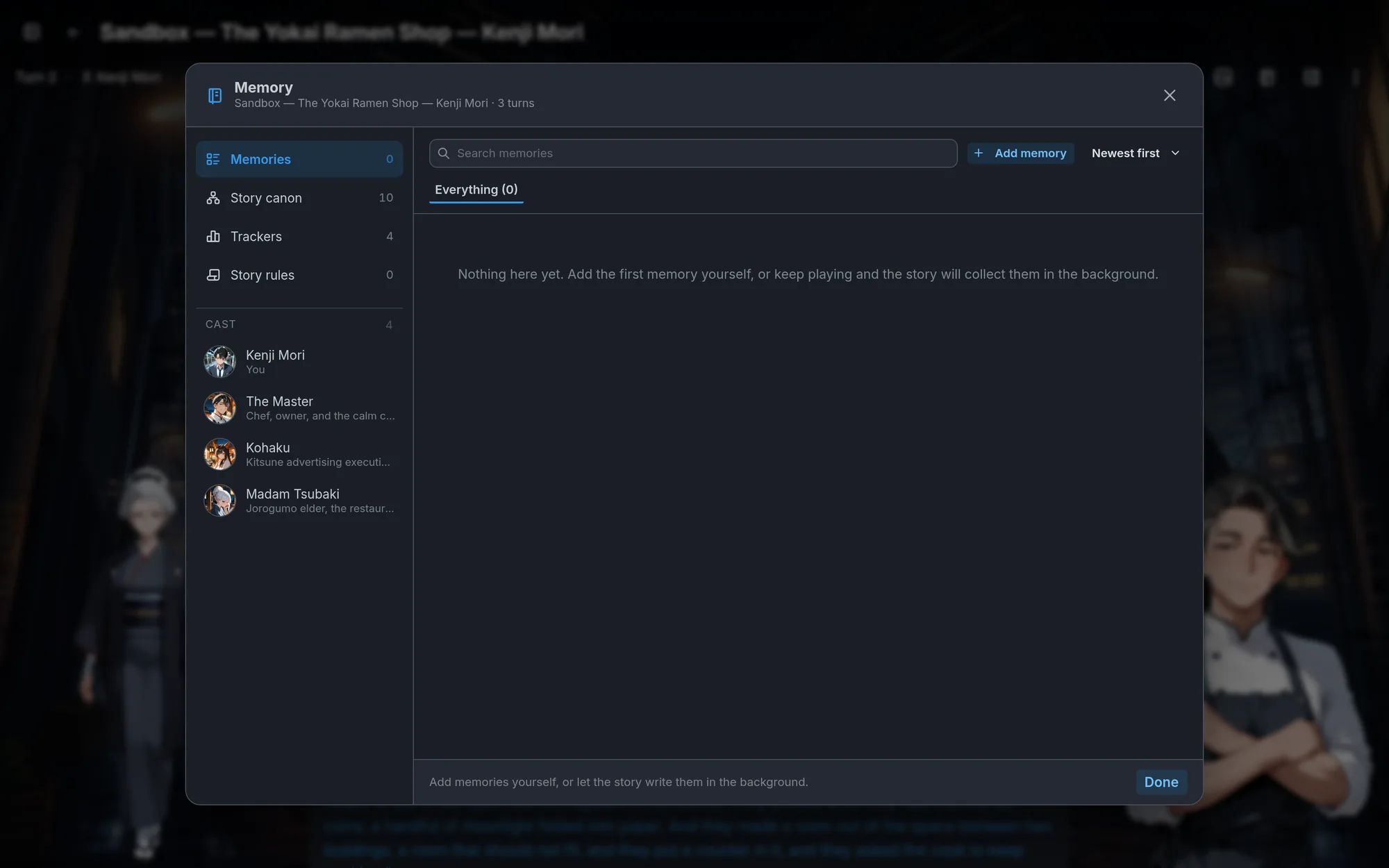 The Memory popup's cast list, with the player character and the NPCs met so far.