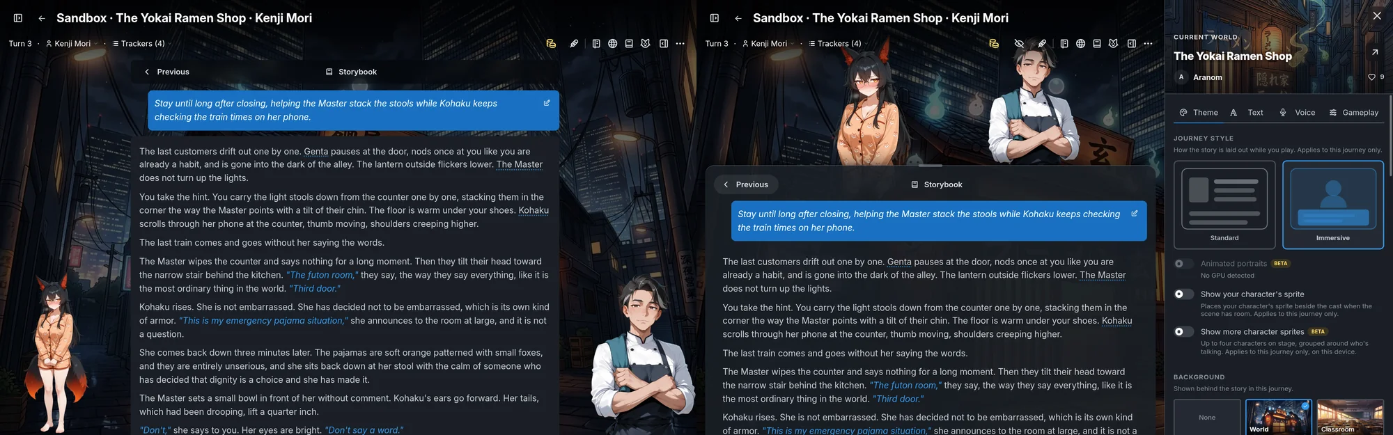 The same scene in the standard reading view and in immersive mode.