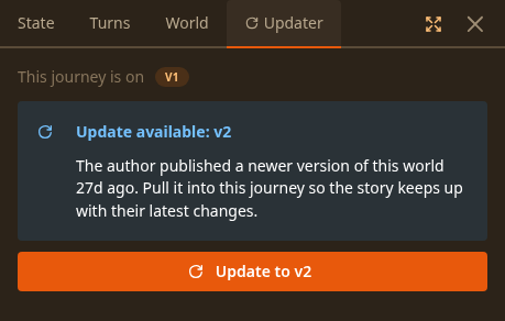 The Updater tab in a journey's debug panel, showing that a newer version of the world is available.