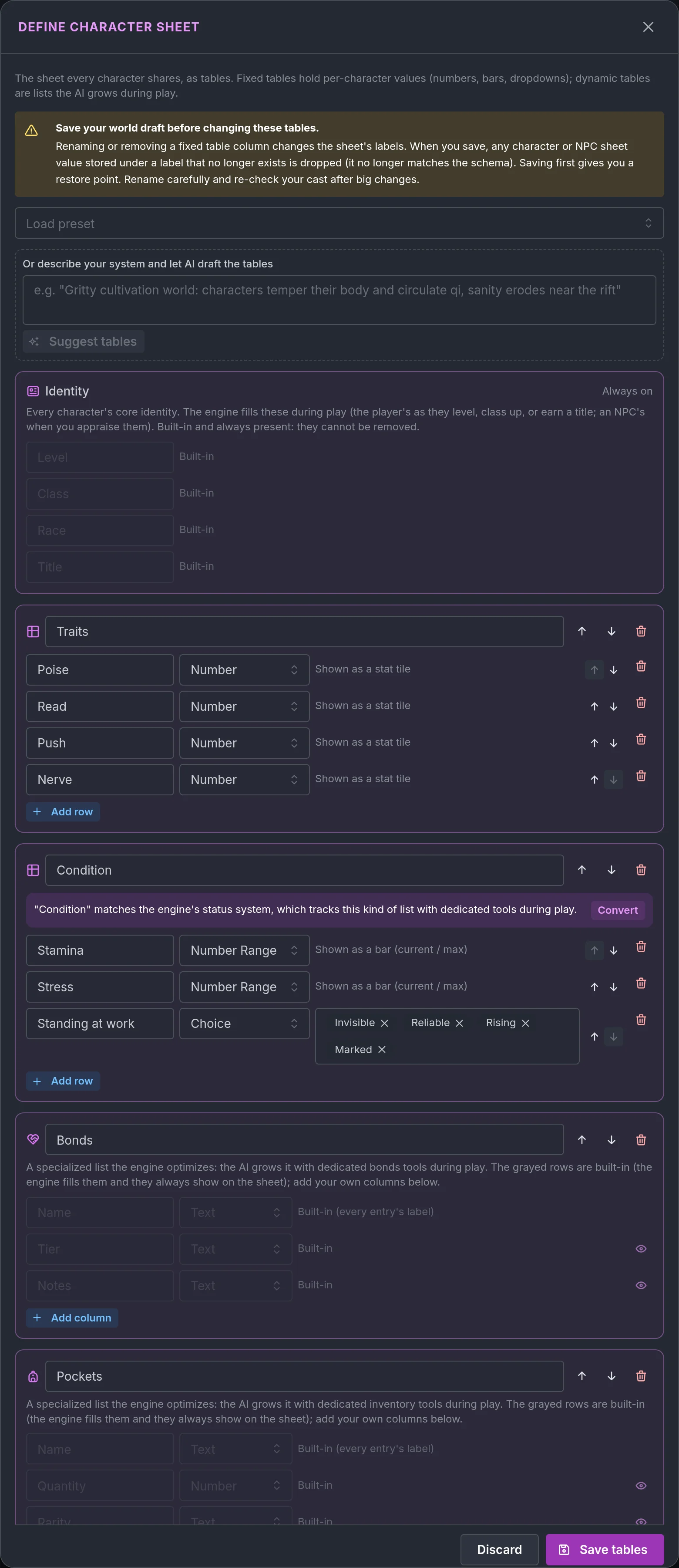 The Define Character Sheet dialog with a fixed Traits table, a Condition table with bars, and the Bonds and Pockets lists.