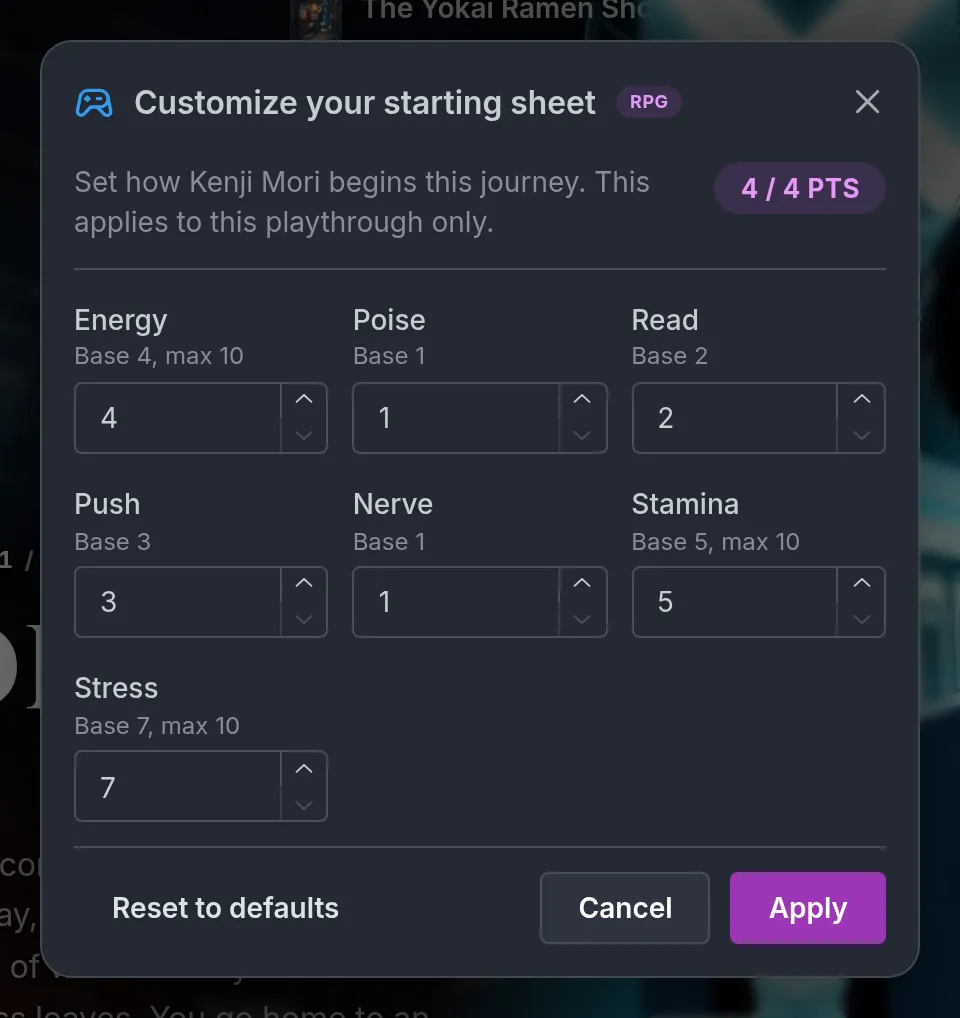 The Customize sheet screen a player sees before a journey when starting sheet customization is on.