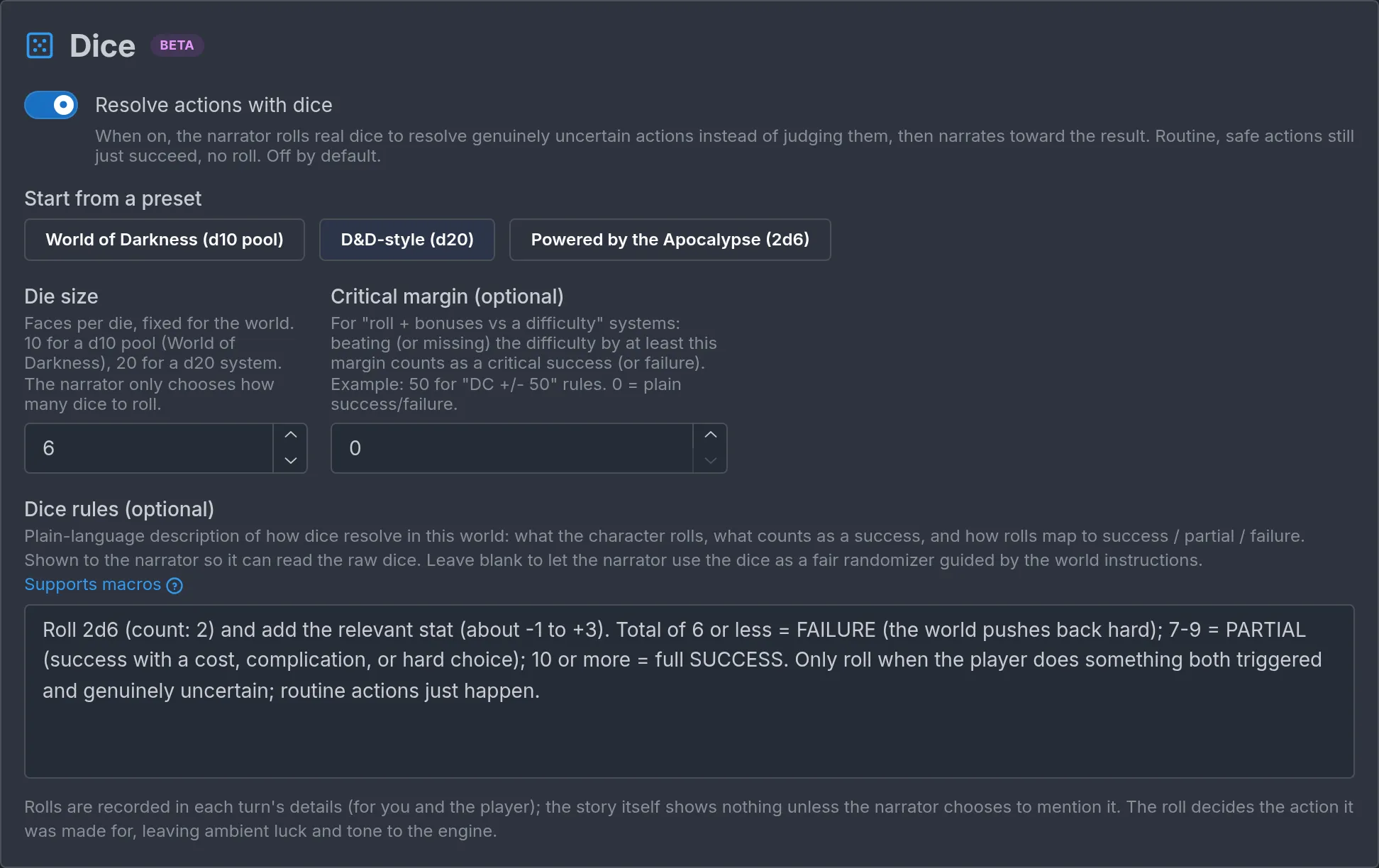 The Dice section with the three presets, Die size, Critical margin, and Dice rules.