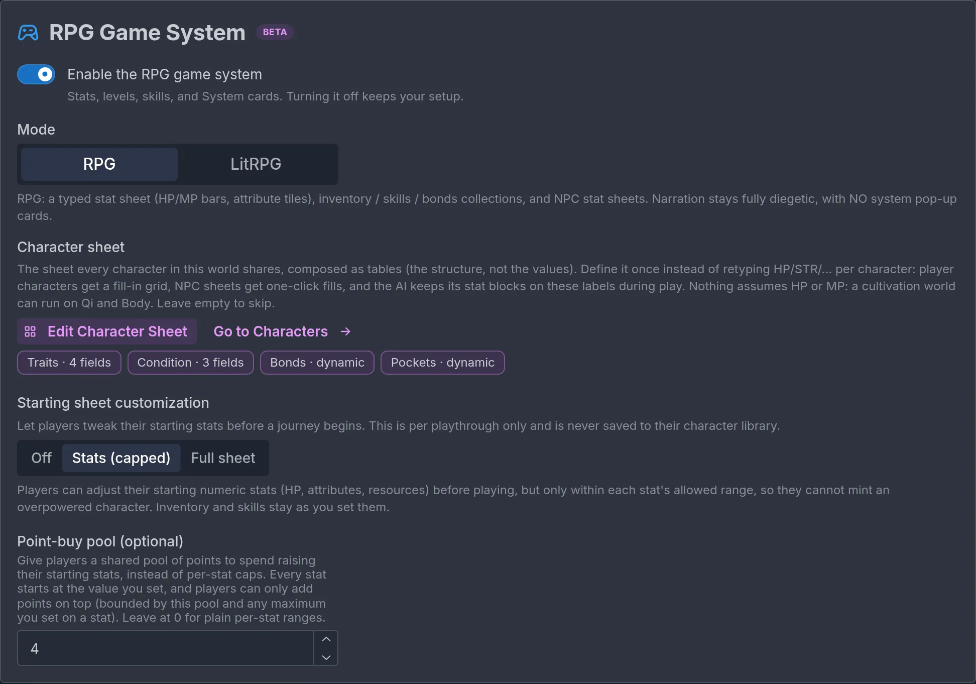 The RPG Game System section with the Mode control, the character sheet summary, and starting sheet customization.