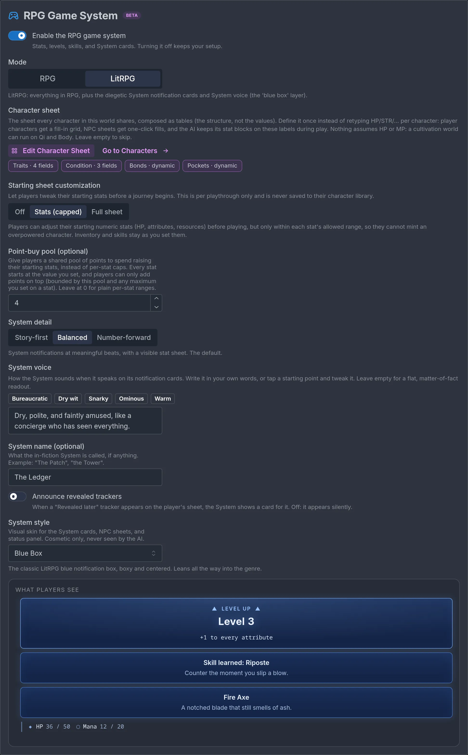 The LitRPG settings with System detail, voice, name, and style, and the live preview of what players see.