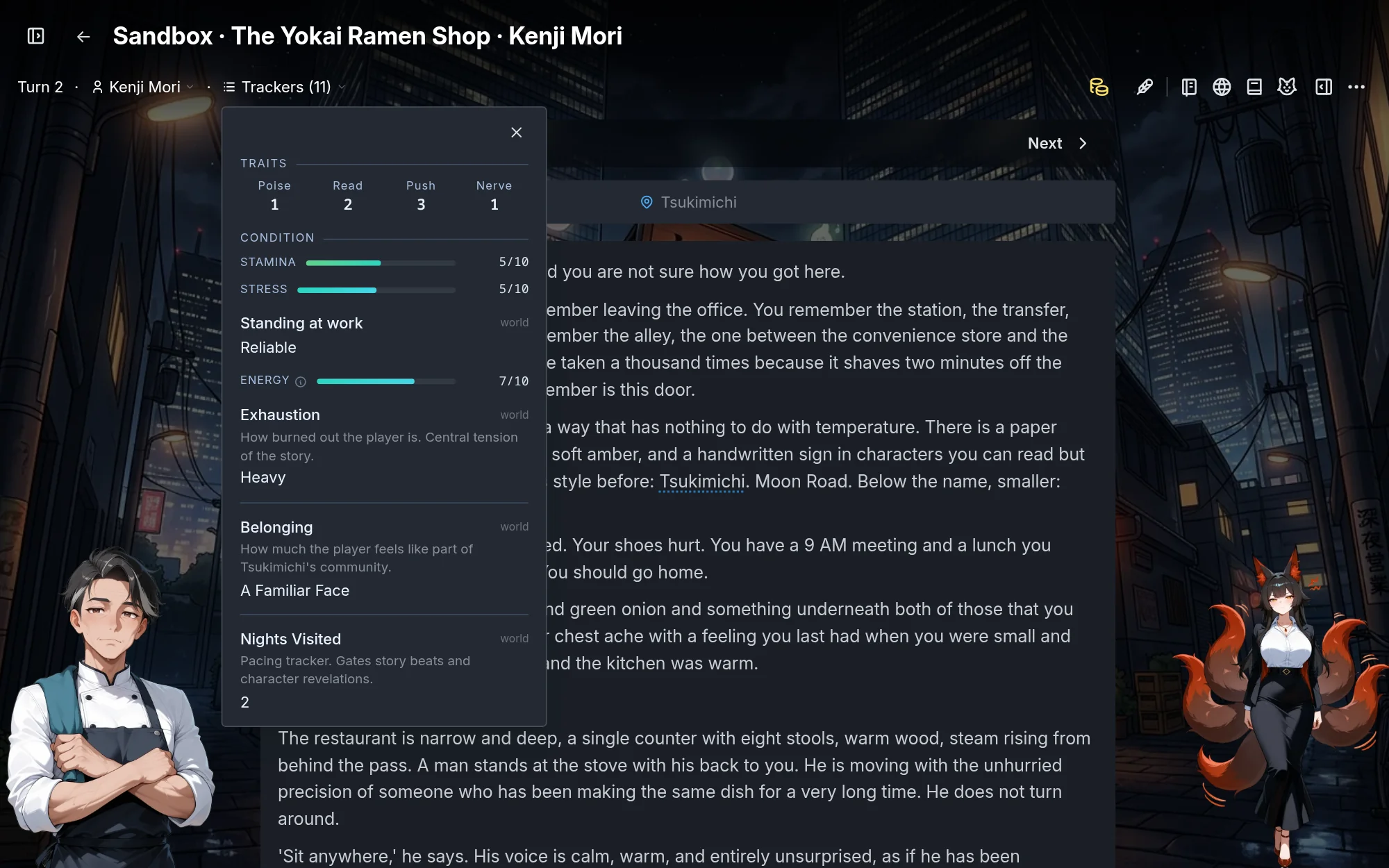 The player's status panel during play: Traits tiles, Condition bars, and the world's own trackers.