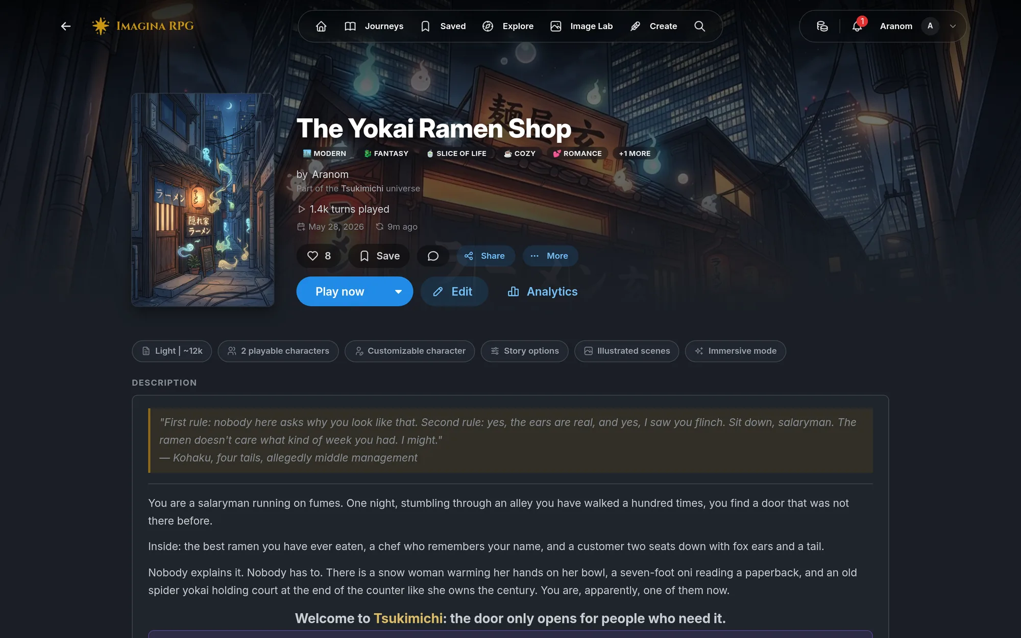 A published world page as players see it: title card, tags, description, and the Play now button.